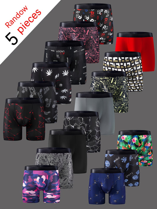 5 Pcs Random Men's Trendy Print Stretchy Multi Series Long Boxer Briefs - Comfortable & Quick-Drying Underwear boxers