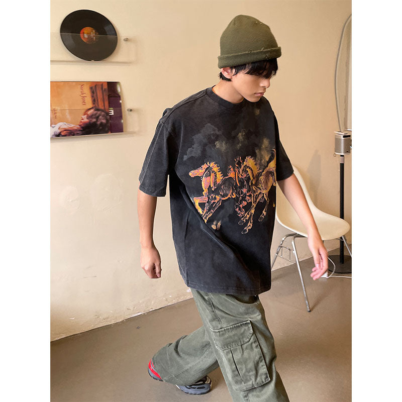 Lang's Retro Distressed Ins Fashion High Street Short-Sleeved T-shirt