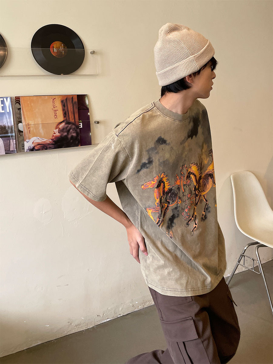 Lang's Retro Distressed Ins Fashion High Street Short-Sleeved T-shirt