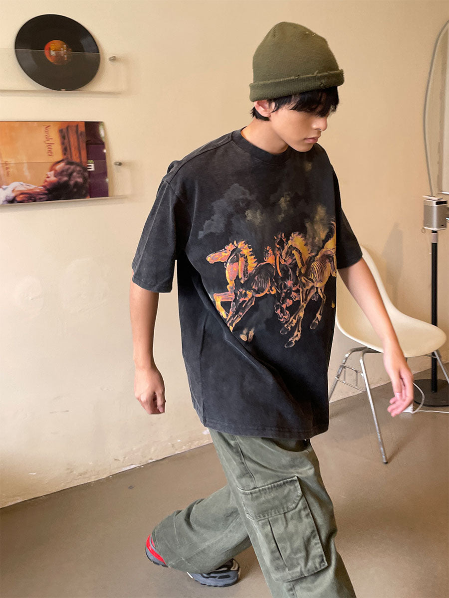 Lang's Retro Distressed Ins Fashion High Street Short-Sleeved T-shirt