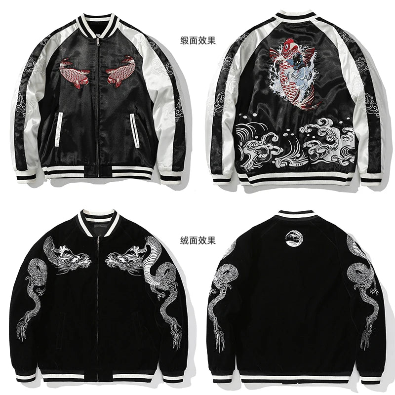 Embroidery Reversible Dragon Carp Bomber Jacket