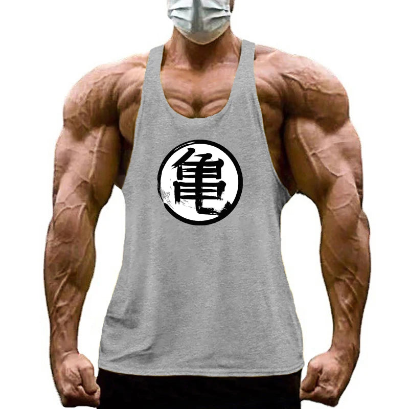 Japanese Anime Turtle Script Printed Gym Bodybuilding Muscle Tank Top