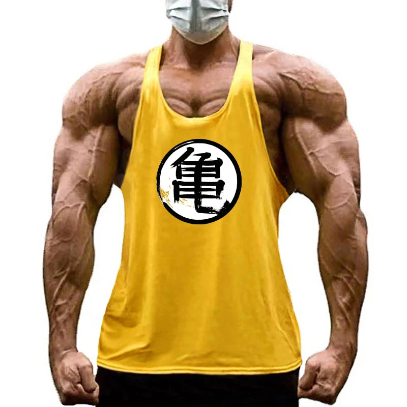 Japanese Anime Turtle Script Printed Gym Bodybuilding Muscle Tank Top