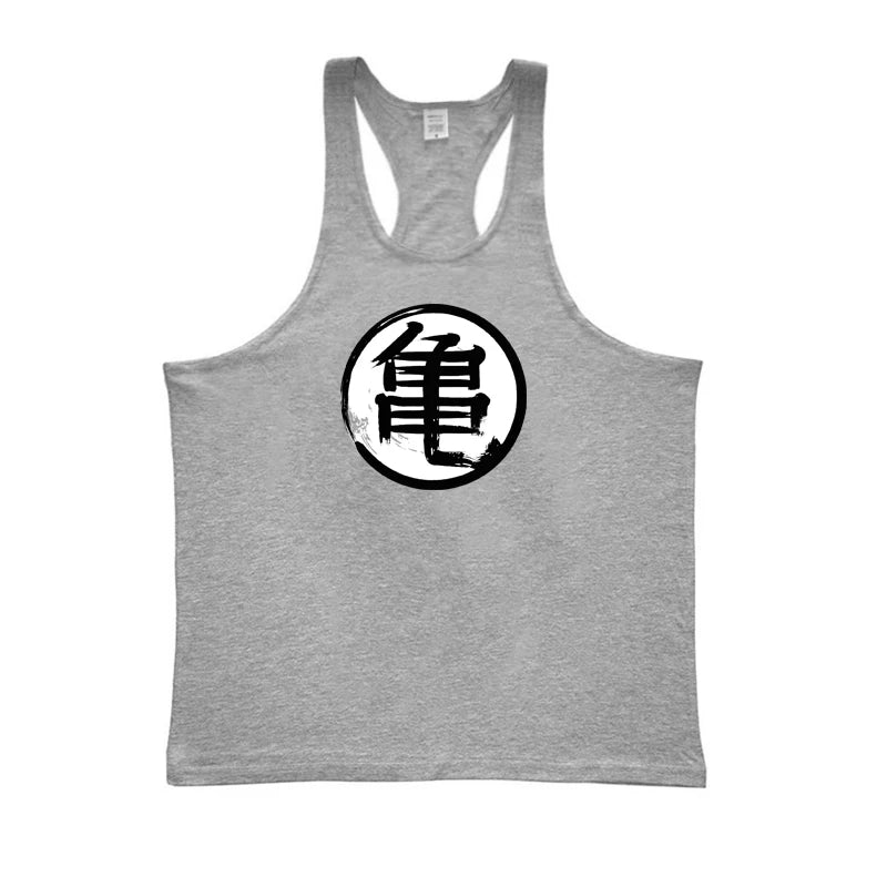 Japanese Anime Turtle Script Printed Gym Bodybuilding Muscle Tank Top