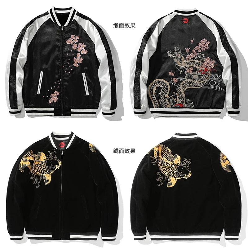 Embroidery Reversible Dragon Carp Bomber Jacket