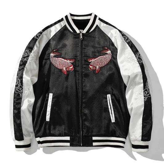 Embroidery Reversible Dragon Carp Bomber Jacket