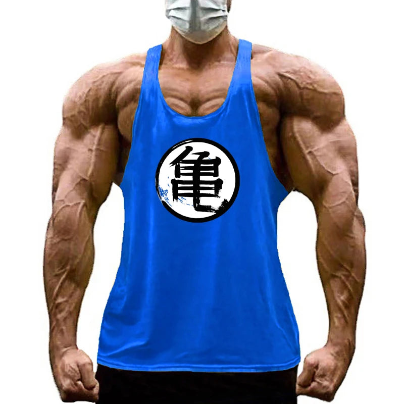 Japanese Anime Turtle Script Printed Gym Bodybuilding Muscle Tank Top