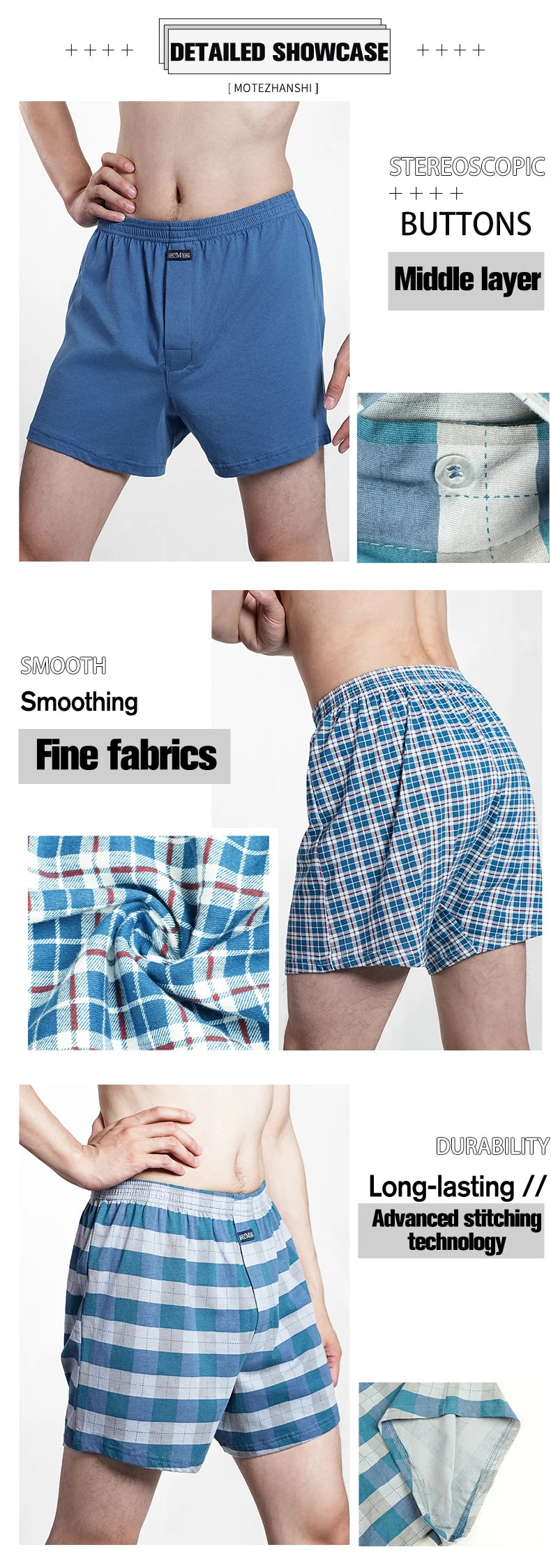 Men's Pure Cotton Boxer Shorts Underwear High Waist Big Underpants Casual Plaid Plus Size Aro Pants Pajama Bottoms at home M-3XL