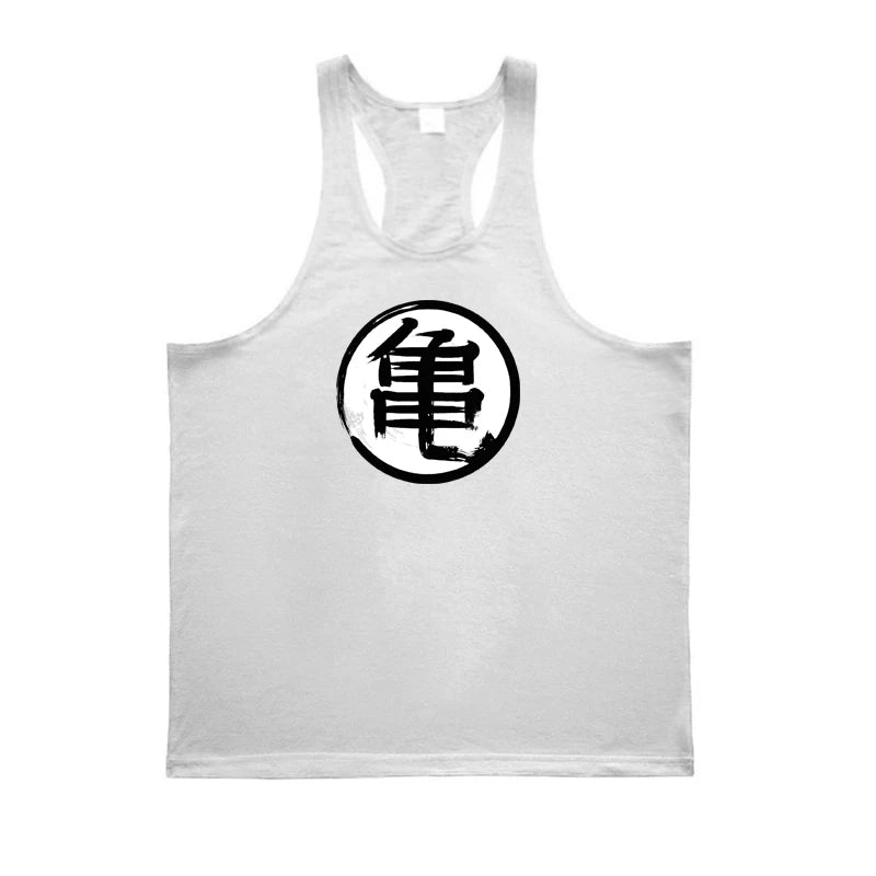 Japanese Anime Turtle Script Printed Gym Bodybuilding Muscle Tank Top