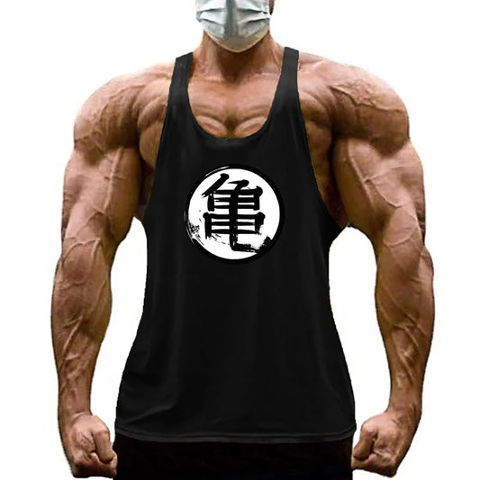 Japanese Anime Turtle Script Printed Gym Bodybuilding Muscle Tank Top