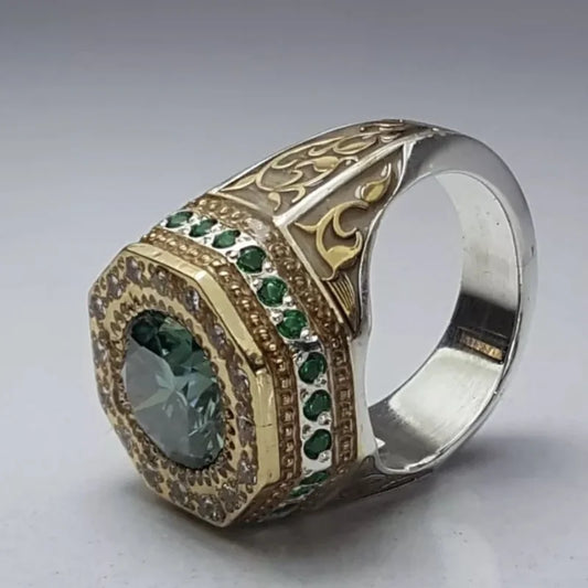 Vintage Luxury Men Rings Silver Color Round Green Stones Rings Party Ring Jewelry