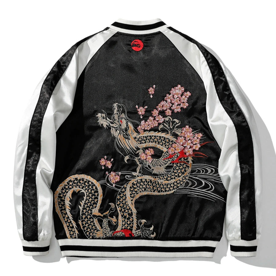 Embroidery Reversible Dragon Carp Bomber Jacket