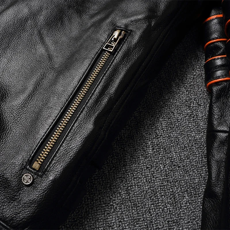 2023 New Skull Embroidery Men's First Layer Cowhide Leather Jacket Motorcycle Slim  Oversize Coat