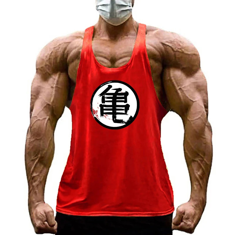 Japanese Anime Turtle Script Printed Gym Bodybuilding Muscle Tank Top