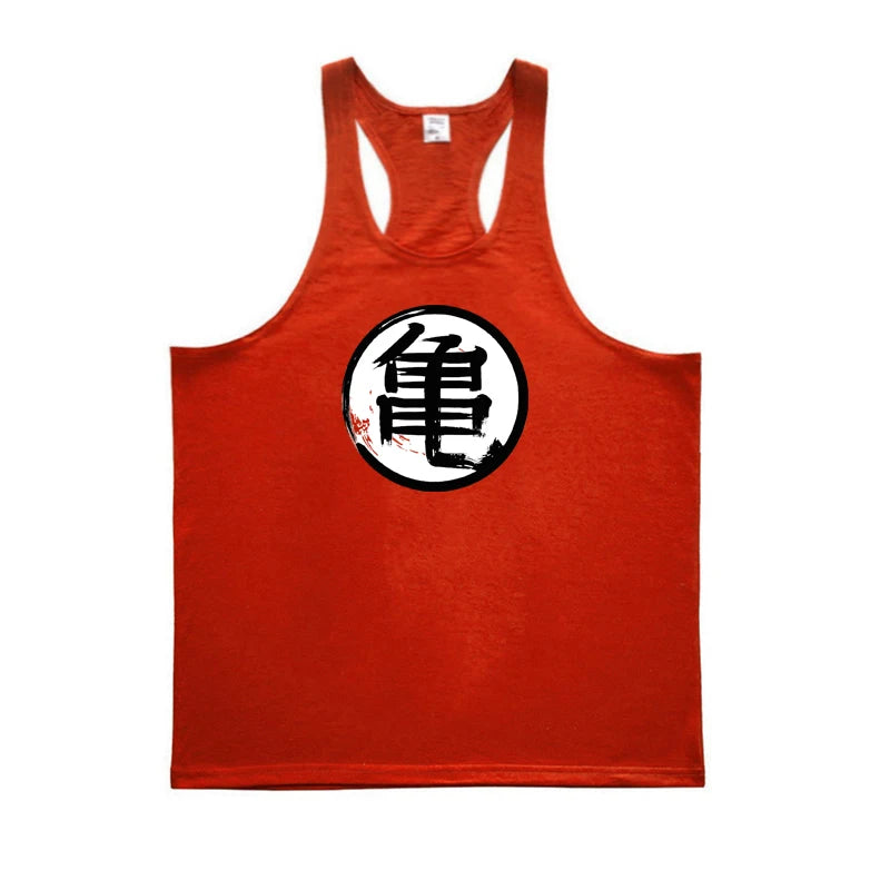 Japanese Anime Turtle Script Printed Gym Bodybuilding Muscle Tank Top