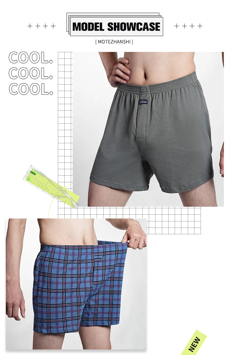 Men's Pure Cotton Boxer Shorts Underwear High Waist Big Underpants Casual Plaid Plus Size Aro Pants Pajama Bottoms at home M-3XL