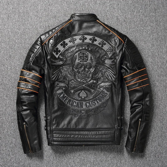 2023 New Skull Embroidery Men's First Layer Cowhide Leather Jacket Motorcycle Slim  Oversize Coat