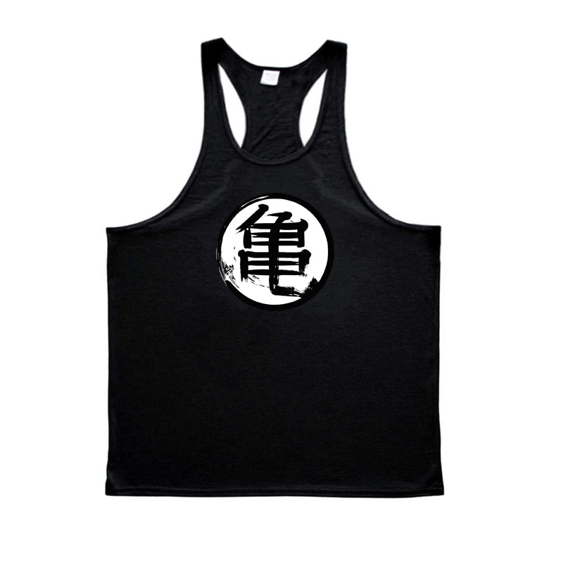 Japanese Anime Turtle Script Printed Gym Bodybuilding Muscle Tank Top