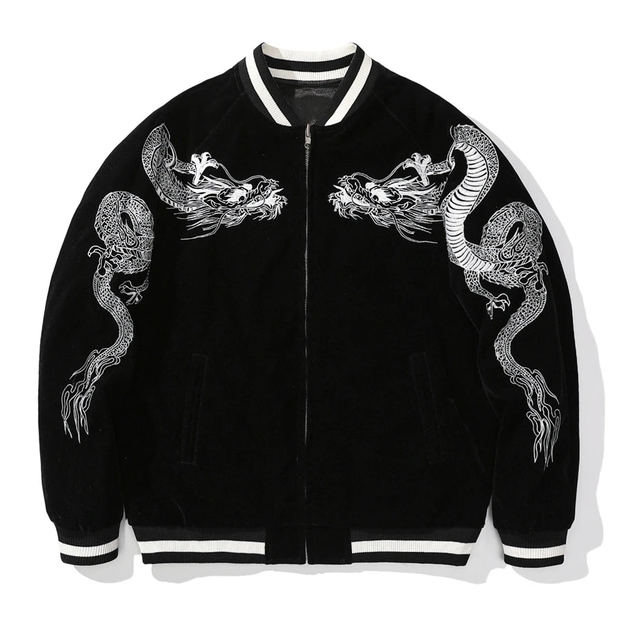 Embroidery Reversible Dragon Carp Bomber Jacket